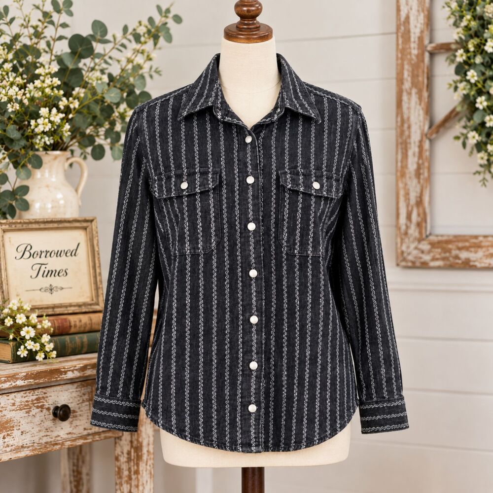 Lands' End Denim Shirt Women's XS Blue Leaf Stripe Cotton Spandex Button Front